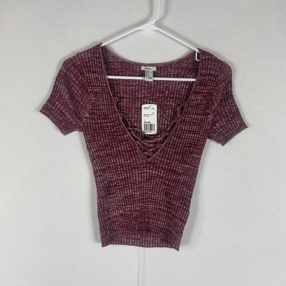 Forever 21 NEW Deep VNeck Sweater Top Womens Small Red Knit Stretch Short Sleeve